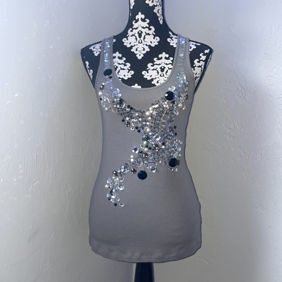 Gray Sequins, Rhinestone Tank Top - Size:L - Picture 3 of 6